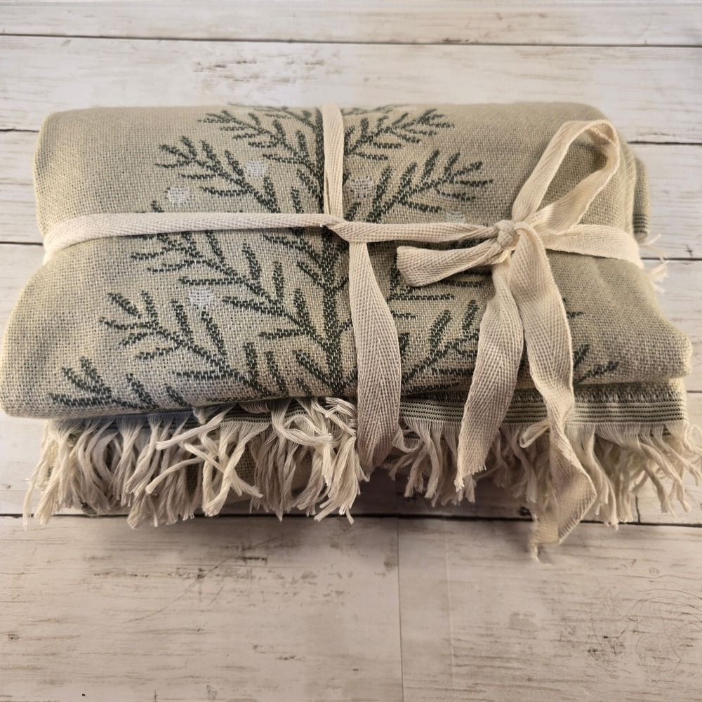 NWOT World Market Pine Tree Woven Throw Blanket Green Cream Fringe 50x60 OEKO-TE